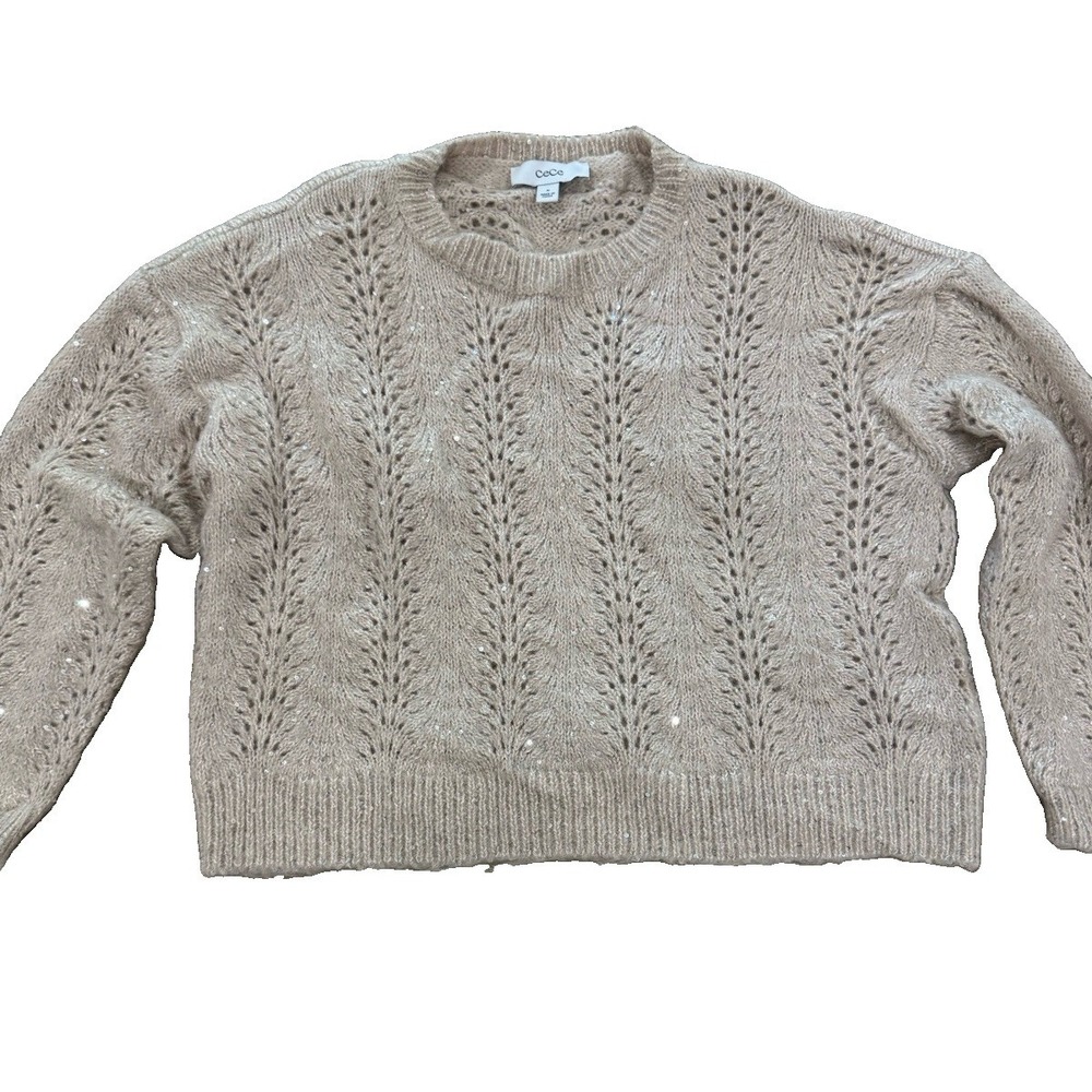 CeCe Size M Beige Sequin Pointelle Open Knit Sweater Sparkle Taupe
